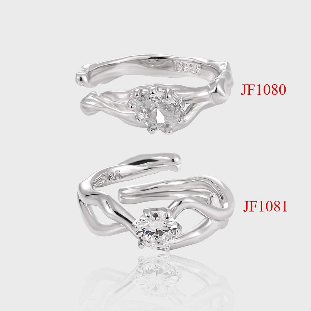 Anniversary Irregular Wave Round CZ 925 Sterling Silver Adjustable Couple Ring - JEWELLY