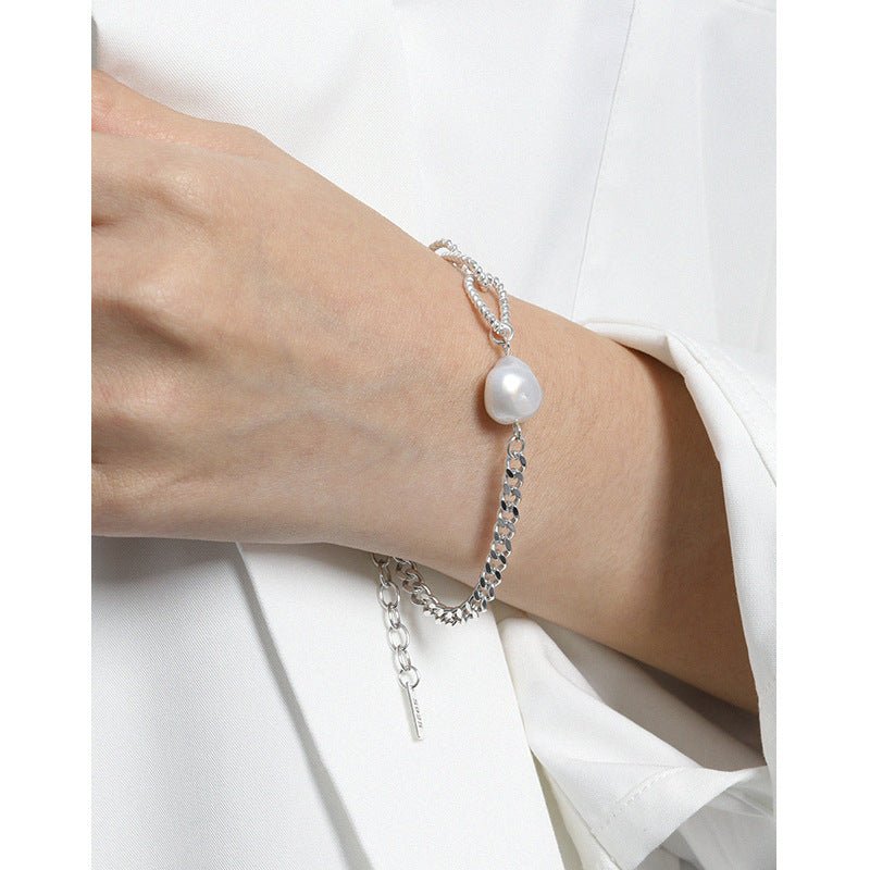 Asymmetry Chain Baroque Natural Pearl 925 Sterling Silver Bracelet - JEWELLY