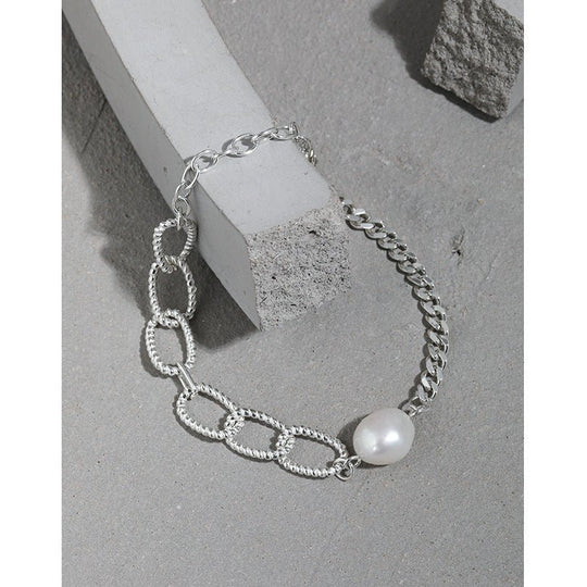 Asymmetry Chain Baroque Natural Pearl 925 Sterling Silver Bracelet - JEWELLY