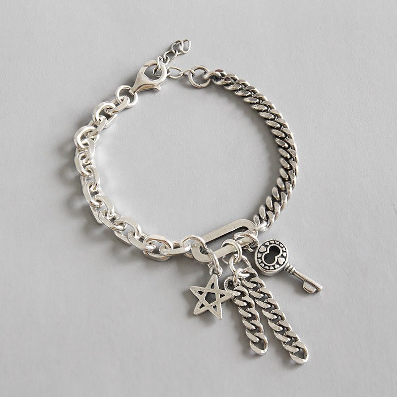 Asymmetry Curb Chain Hollow Star Key Tassels 925 Sterling Silver Bracelet - JEWELLY