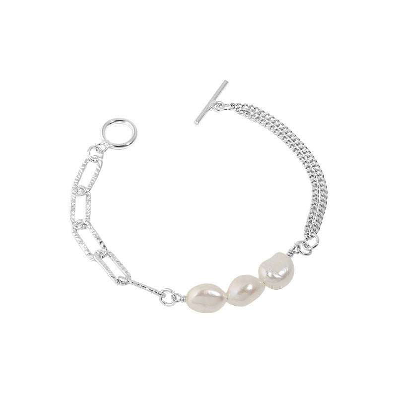 Asymmetry Hollow Chain Baroque Natural Pearl 925 Sterling Silver Bracelet - JEWELLY