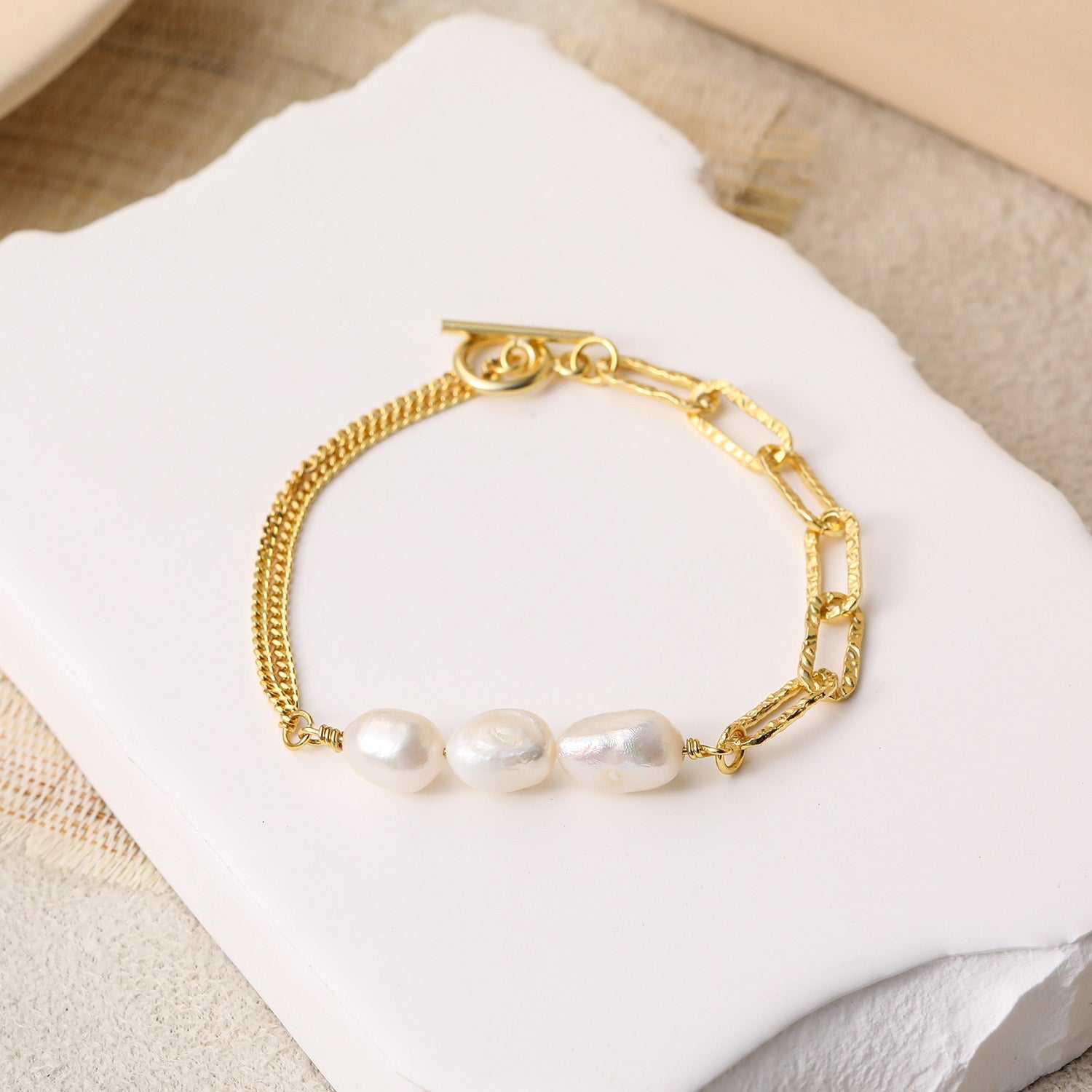 Asymmetry Hollow Chain Baroque Natural Pearl 925 Sterling Silver Bracelet - JEWELLY