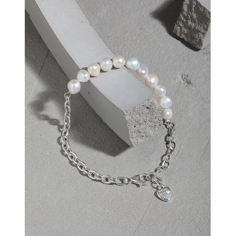 Asymmetry Natural Pearls Curb Chain 925 Sterling Silver Bracelet - JEWELLY