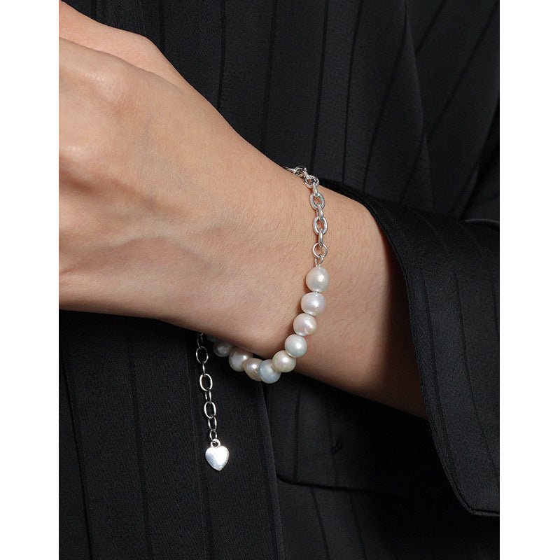 Asymmetry Natural Pearls Curb Chain 925 Sterling Silver Bracelet - JEWELLY