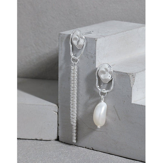 Asymmetry Shell Pearl CZ Tassels 925 Sterling Silver Dangling Earrings - JEWELLY