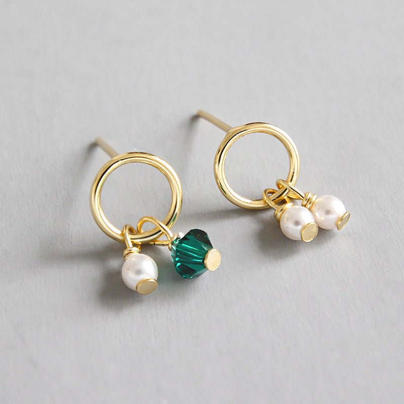 Asymmetry Shell Pearls Green CZ 925 Sterling Silver Stud Earrings - JEWELLY