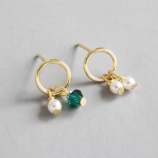 Asymmetry Shell Pearls Green CZ 925 Sterling Silver Stud Earrings - JEWELLY