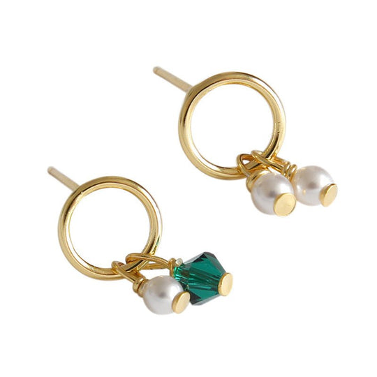 Asymmetry Shell Pearls Green CZ 925 Sterling Silver Stud Earrings - JEWELLY