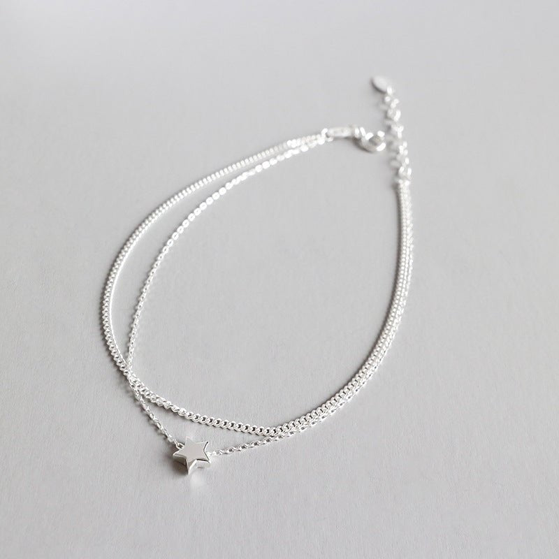 Casual Double Layers Rolo Chain Mini Star 925 Sterling Silver Anklet - JEWELLY