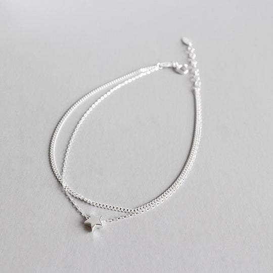 Casual Double Layers Rolo Chain Mini Star 925 Sterling Silver Anklet - JEWELLY