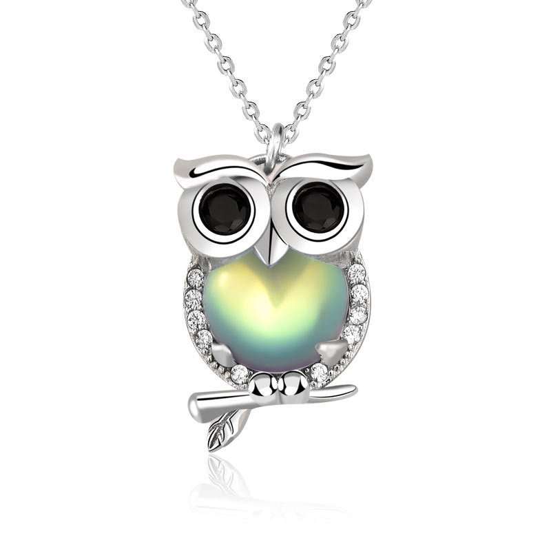 Cute Natural Moonstone CZ Owl 925 Sterling Silver Necklace - JEWELLY