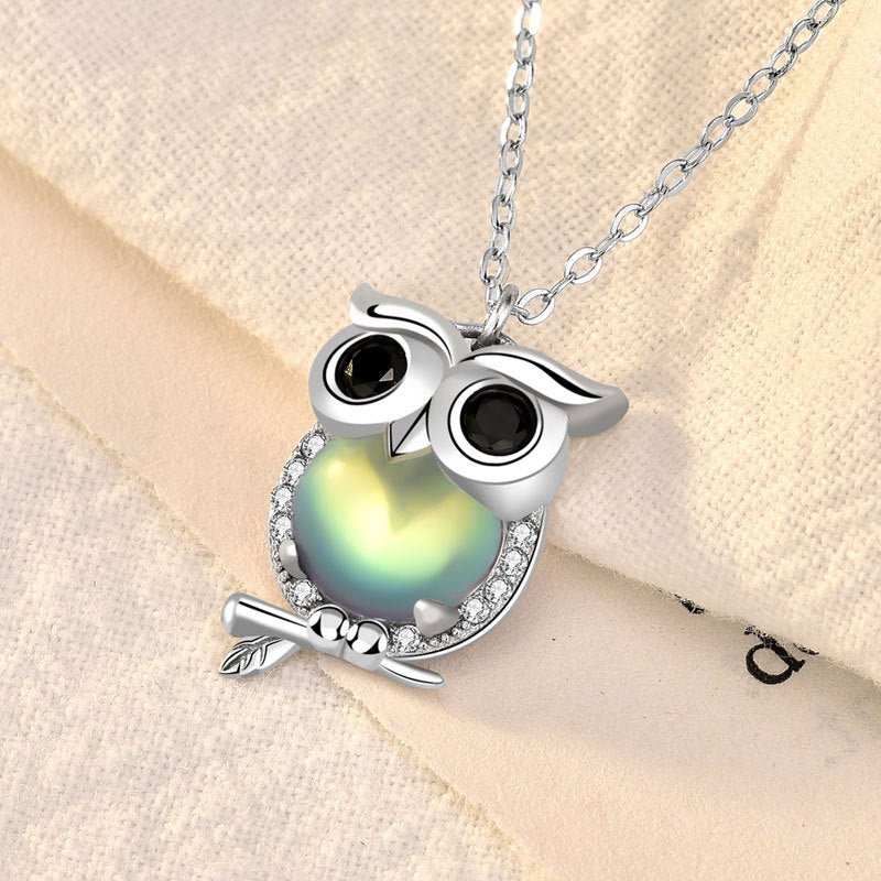 Cute Natural Moonstone CZ Owl 925 Sterling Silver Necklace - JEWELLY