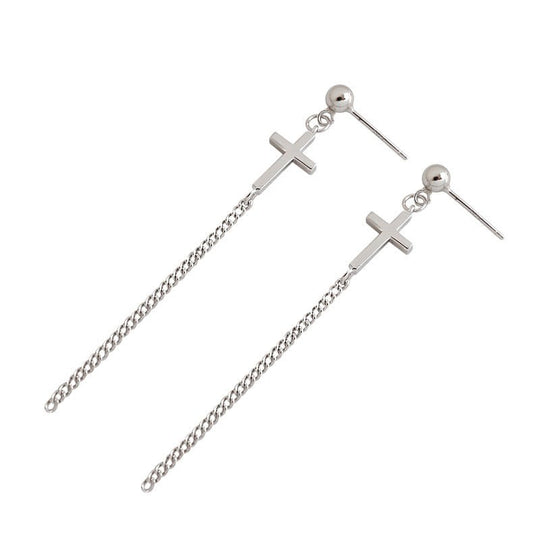 Elegant Cross Curb Chain 925 Sterling Silver Dangling Earrings - JEWELLY