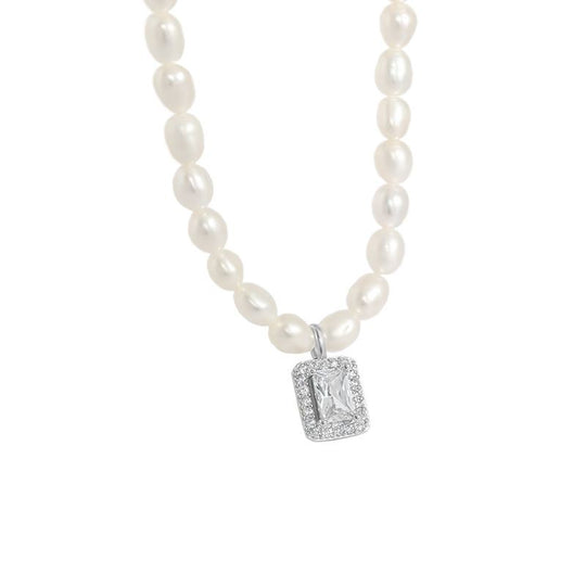 Elegant Natural Pearl Rectangle CZ 925 Sterling Silver Necklace - JEWELLY