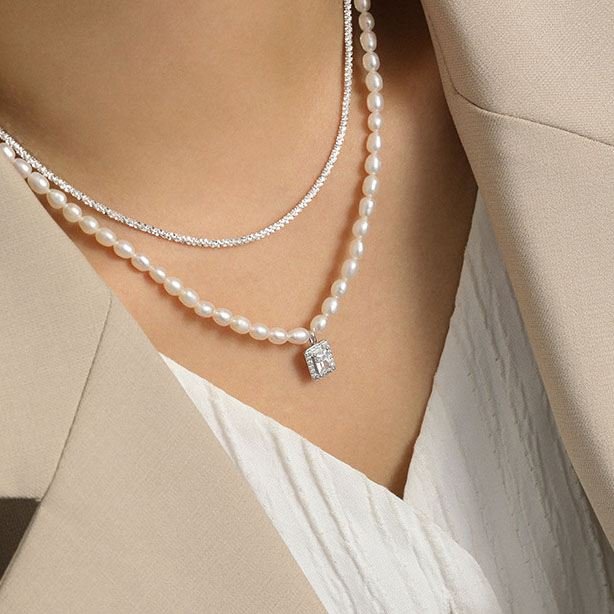 Elegant Natural Pearl Rectangle CZ 925 Sterling Silver Necklace - JEWELLY