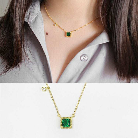 Fashion Green Square CZ 925 Sterling Silver Golden Necklace - JEWELLY