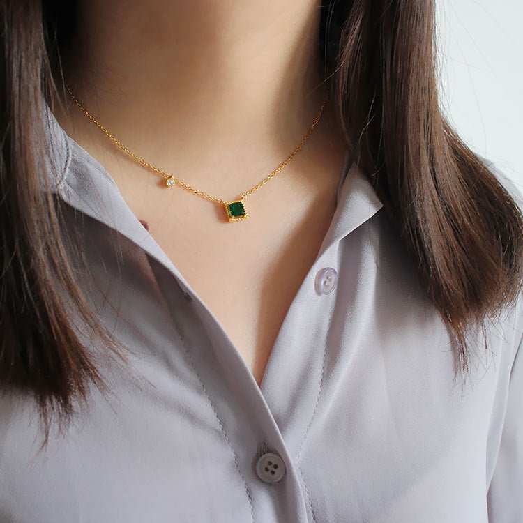 Fashion Green Square CZ 925 Sterling Silver Golden Necklace - JEWELLY