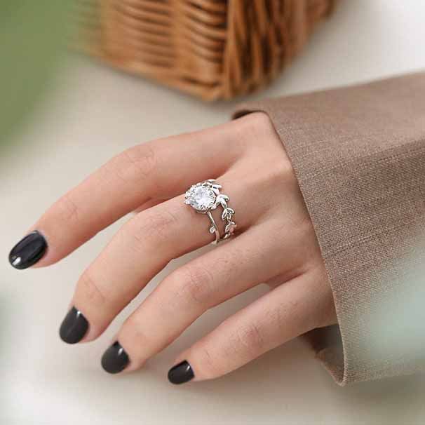 Fashion Olive Branch CZ 925 Sterling Silver Adjustable Ring - JEWELLY