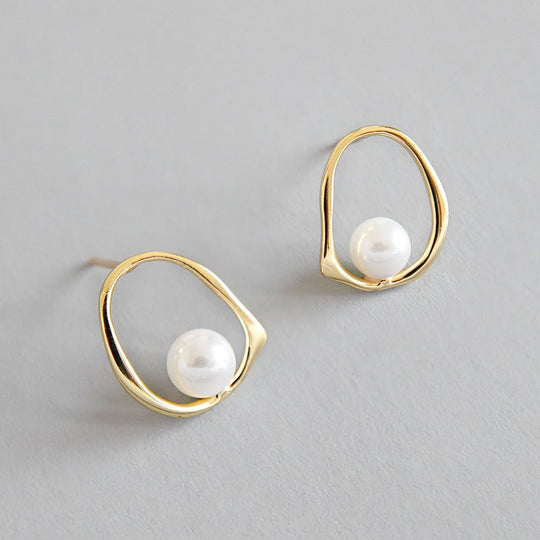 Geometric Round Shell Pearl 925 Sterling Silver Studs Earrings - JEWELLY