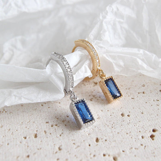 Geometry Blue CZ Rectangle 925 Silver Dangling Earrings (Single Piece) - JEWELLY