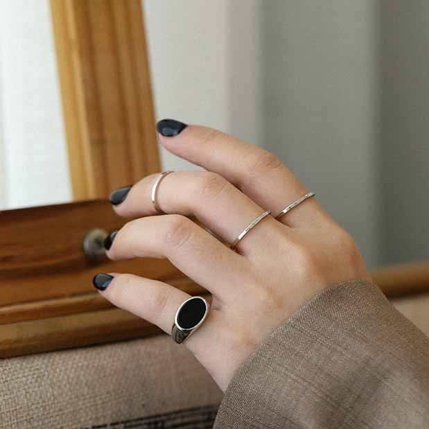 Geometry Created Black Agate 925 Sterling Silver Adjustable Ring - JEWELLY