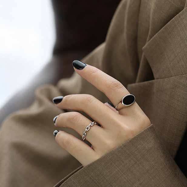 Geometry Created Black Agate 925 Sterling Silver Adjustable Ring - JEWELLY