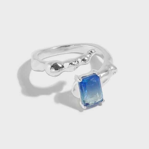 Geometry Emerald Shading Blue CZ 925 Sterling Silver Adjustable Ring - JEWELLY