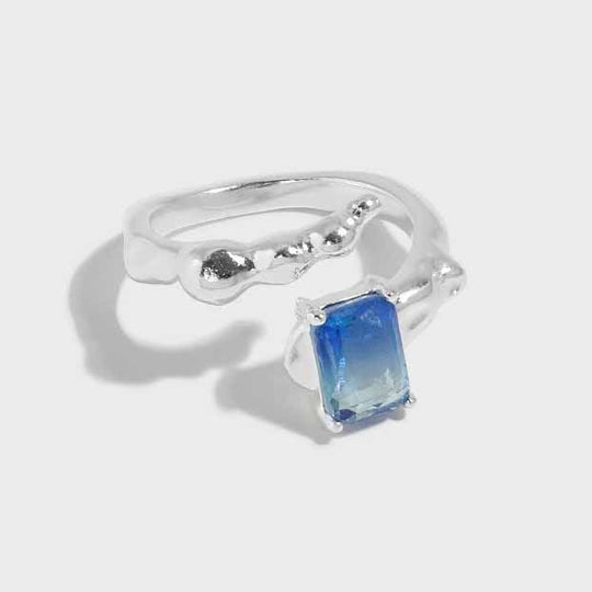 Geometry Emerald Shading Blue CZ 925 Sterling Silver Adjustable Ring - JEWELLY