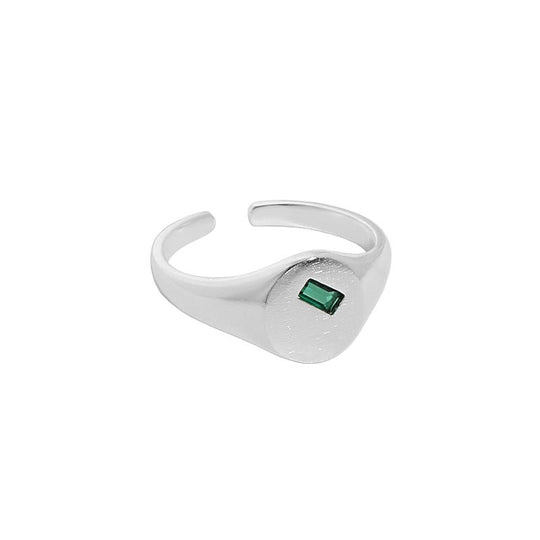 Geometry Green Rectangle CZ Round 925 Sterling Silver Adjustable Ring - JEWELLY