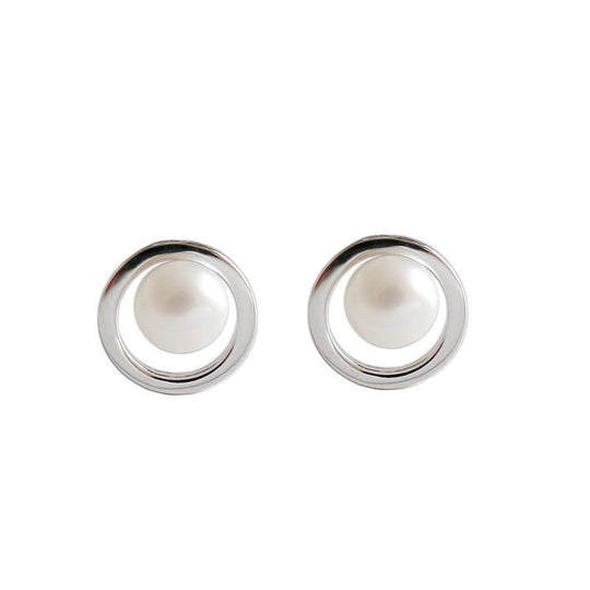 Geometry Hollow Circle Round Natural Pearl 925 Sterling Silver Stud Earrings - JEWELLY