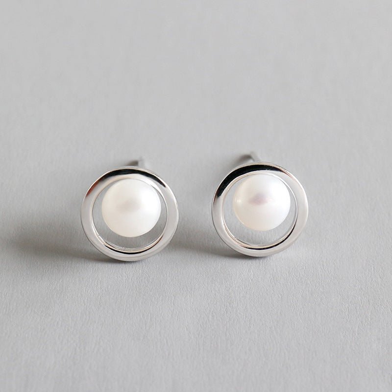 Geometry Hollow Circle Round Natural Pearl 925 Sterling Silver Stud Earrings - JEWELLY