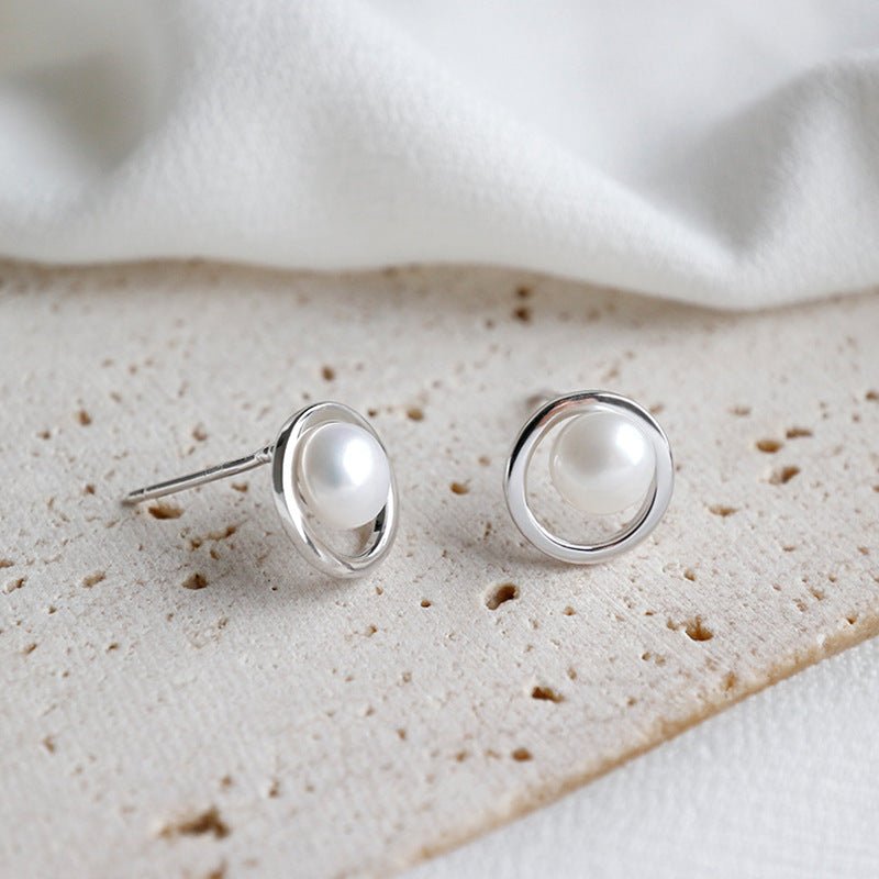 Geometry Hollow Circle Round Natural Pearl 925 Sterling Silver Stud Earrings - JEWELLY