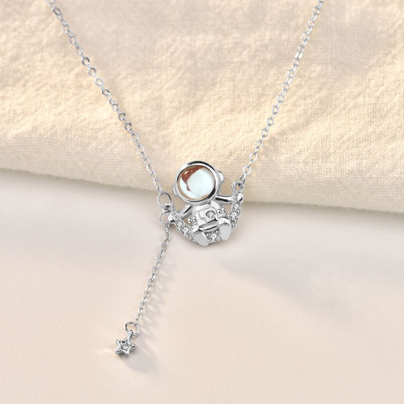 Gift Natural Moonstone CZ Astronaut 925 Sterling Silver Necklace - JEWELLY