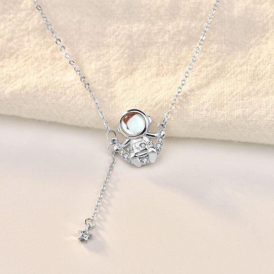 Gift Natural Moonstone CZ Astronaut 925 Sterling Silver Necklace - JEWELLY