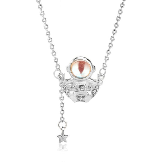 Gift Natural Moonstone CZ Astronaut 925 Sterling Silver Necklace - JEWELLY