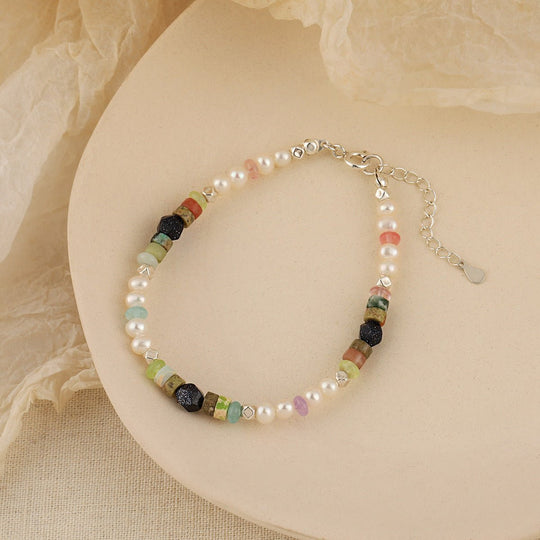 Girl Colorful Blue Sandstone Natural Pearl Gentle 925 Sterling Silver Bracelet - JEWELLY