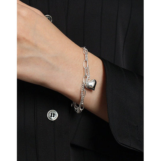 Girl Double Layers Hollow Chain Heart 925 Sterling Silver Bracelet - JEWELLY