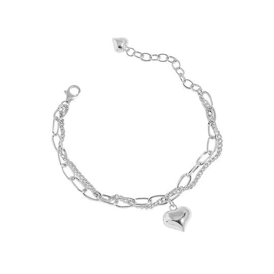 Girl Double Layers Hollow Chain Heart 925 Sterling Silver Bracelet - JEWELLY