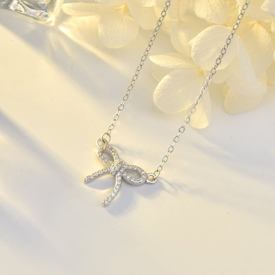 Girl Hollow CZ Bow-Knot Sweet 925 Sterling Silver Necklace - JEWELLY