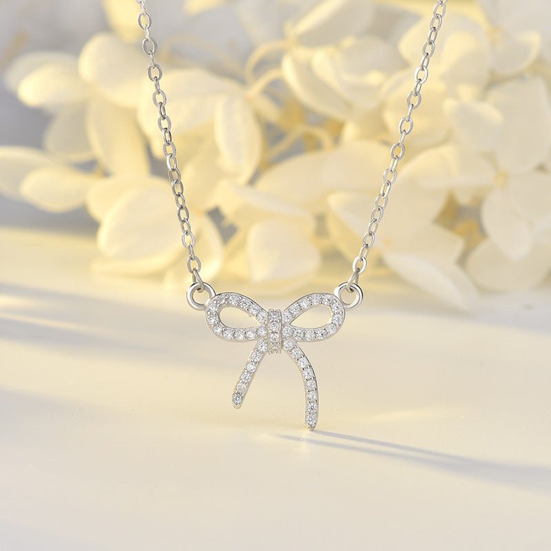 Girl Hollow CZ Bow-Knot Sweet 925 Sterling Silver Necklace - JEWELLY