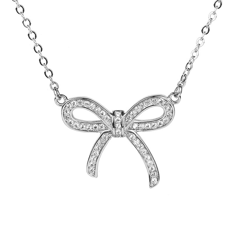 Girl Hollow CZ Bow-Knot Sweet 925 Sterling Silver Necklace - JEWELLY