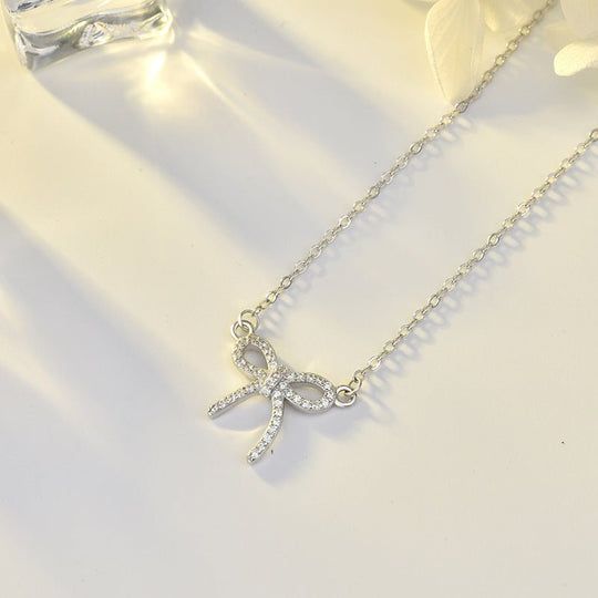 Girl Hollow CZ Bow-Knot Sweet 925 Sterling Silver Necklace - JEWELLY