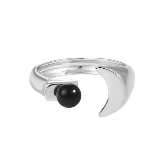 Graduation Round Black Agate Crescent Moon 925 Sterling Silver Adjustable Ring - JEWELLY