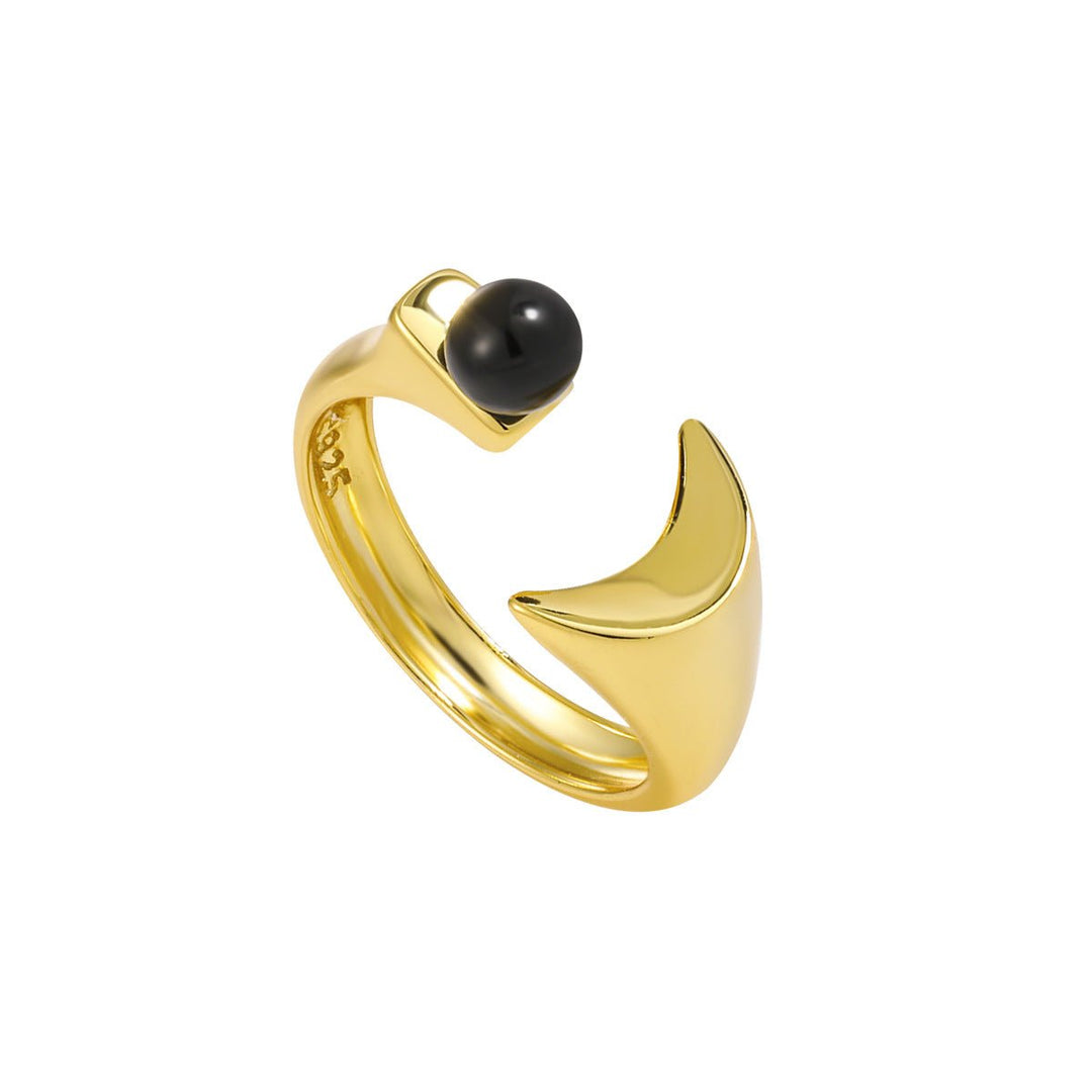 Graduation Round Black Agate Crescent Moon 925 Sterling Silver Adjustable Ring - JEWELLY