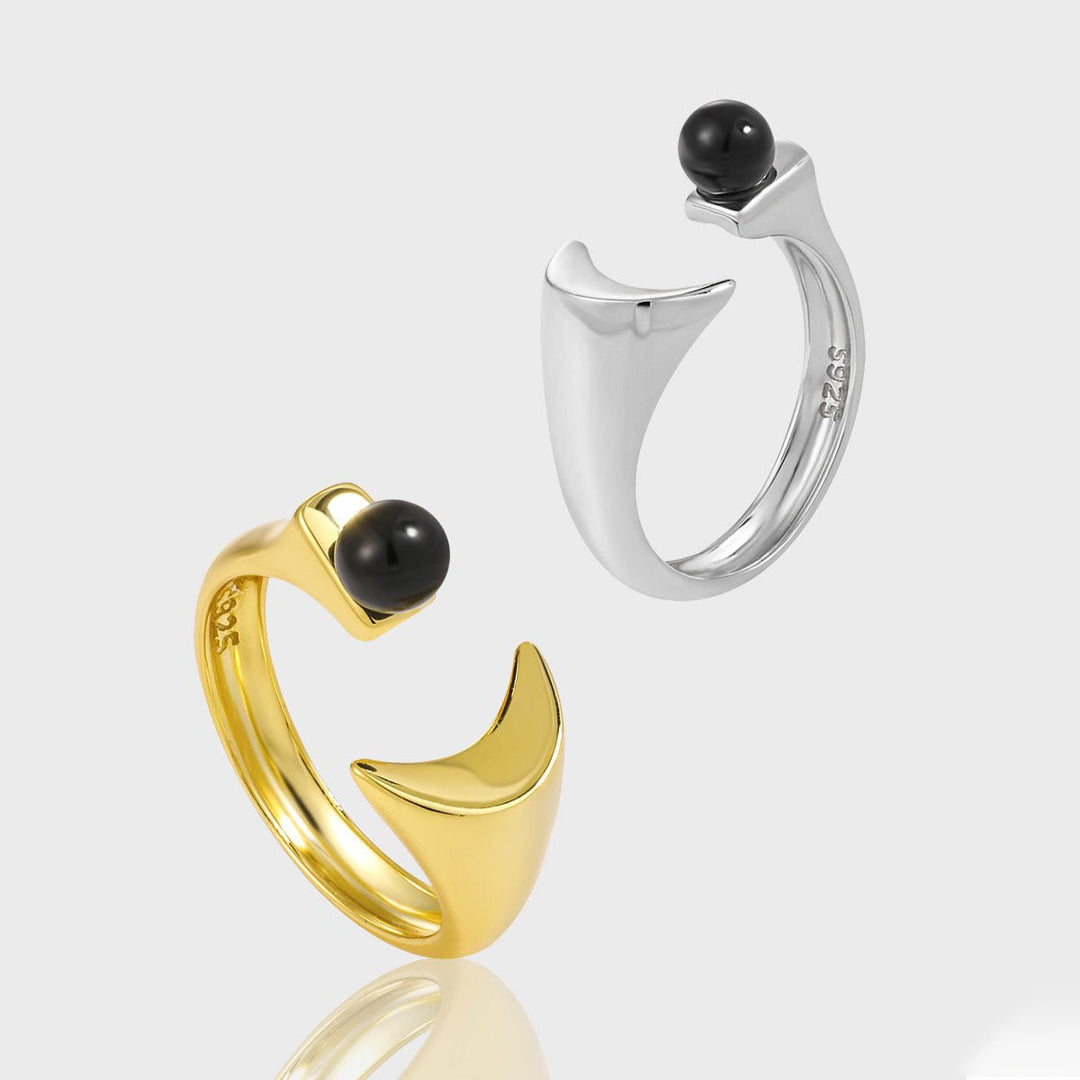 Graduation Round Black Agate Crescent Moon 925 Sterling Silver Adjustable Ring - JEWELLY