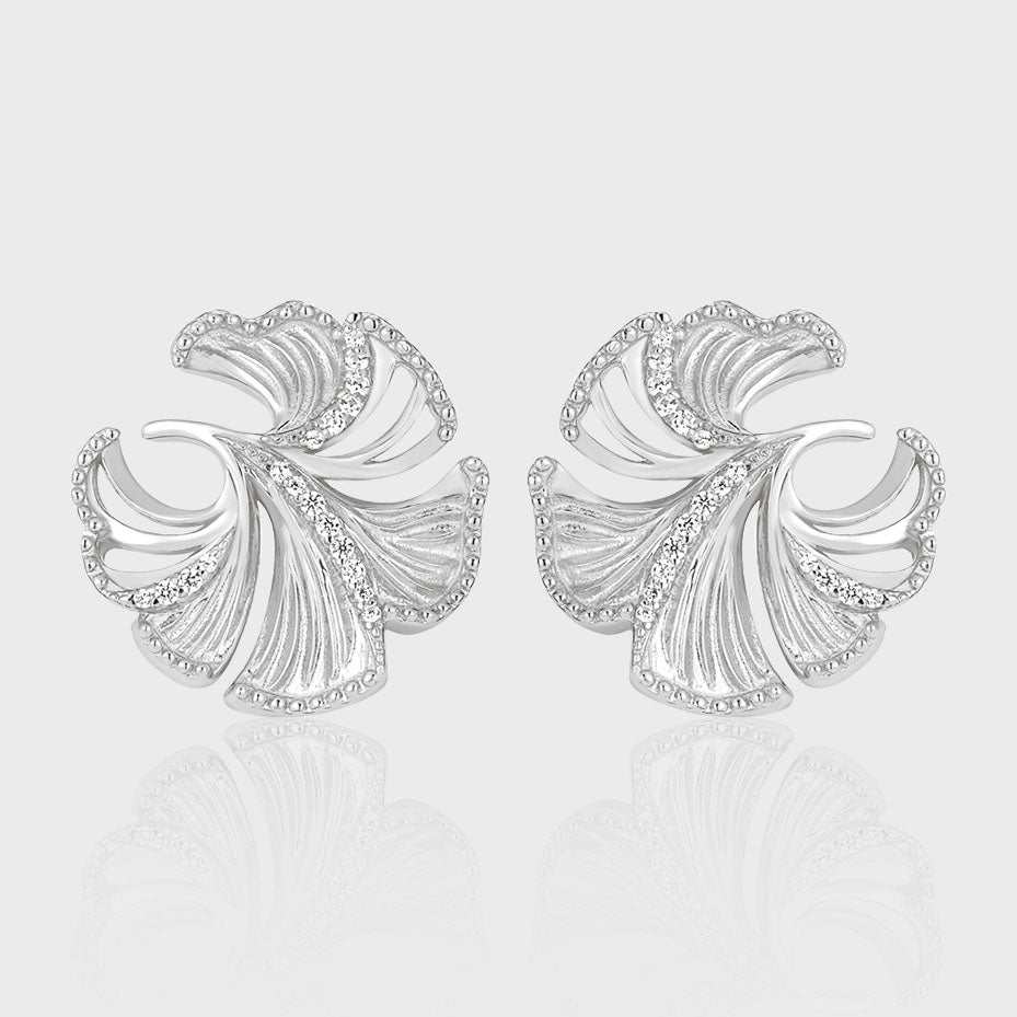 Holiday Beautiful CZ Hollow Ginkgo Leaf 925 Sterling Silver Stud Earrings - JEWELLY