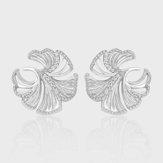 Holiday Beautiful CZ Hollow Ginkgo Leaf 925 Sterling Silver Stud Earrings - JEWELLY