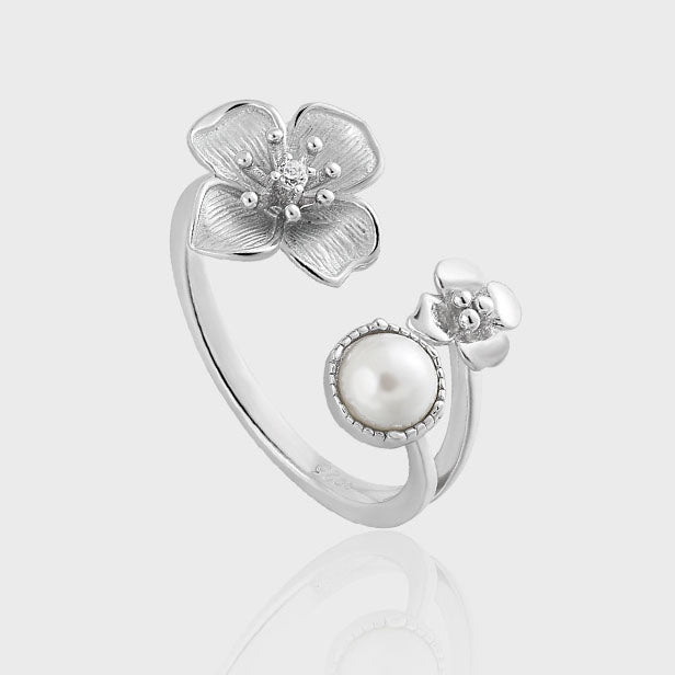 Lady Peach Blossom Flower Shell Pearl 925 Sterling Silver Adjustable Ring - JEWELLY