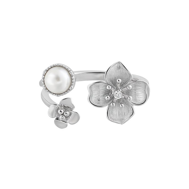 Lady Peach Blossom Flower Shell Pearl 925 Sterling Silver Adjustable Ring - JEWELLY