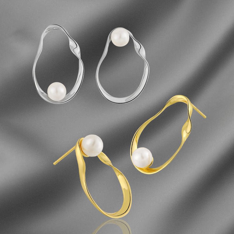 Modern Geometry Irregular Elliptic Shell Pearls 925 Sterling Silver Dangling Earrings - JEWELLY